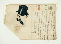 A top hat and shoe appear next to the words of a letter written in Italian with a postmark from Sicily.