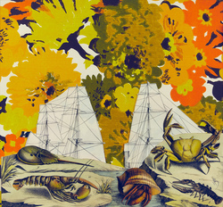 A ship sails behind a tidal pool with crustaceans. A sky made up of flowers makes up the background.