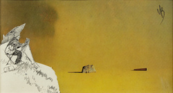 A line drawing of an artist painting within a liminal and surreal landscape. Possible allusion to Salvador Dali's Enigmatic Elements In A Landscape, 1934.