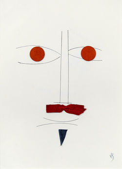 A face with red eyes, and goatee made up red ribbon and blue triangle.