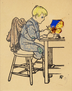 A boy sits at a desk and draws a butterfly.