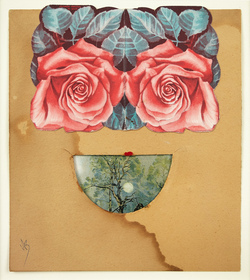 Symmetrical roses and a forest scene appear to create the shape of human face.