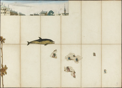 A dolphin swims amongst a colonial city's skyline and groups of people. Possibly an allusion to Provincetown.