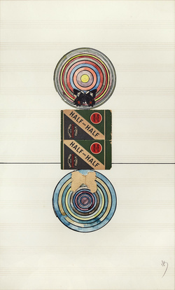Water color discs, butter flies, and a Half and Half tobacco company label mirror each other on sheet music.