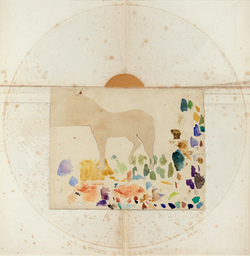 The sun sets behind a horse on an artist's palette.